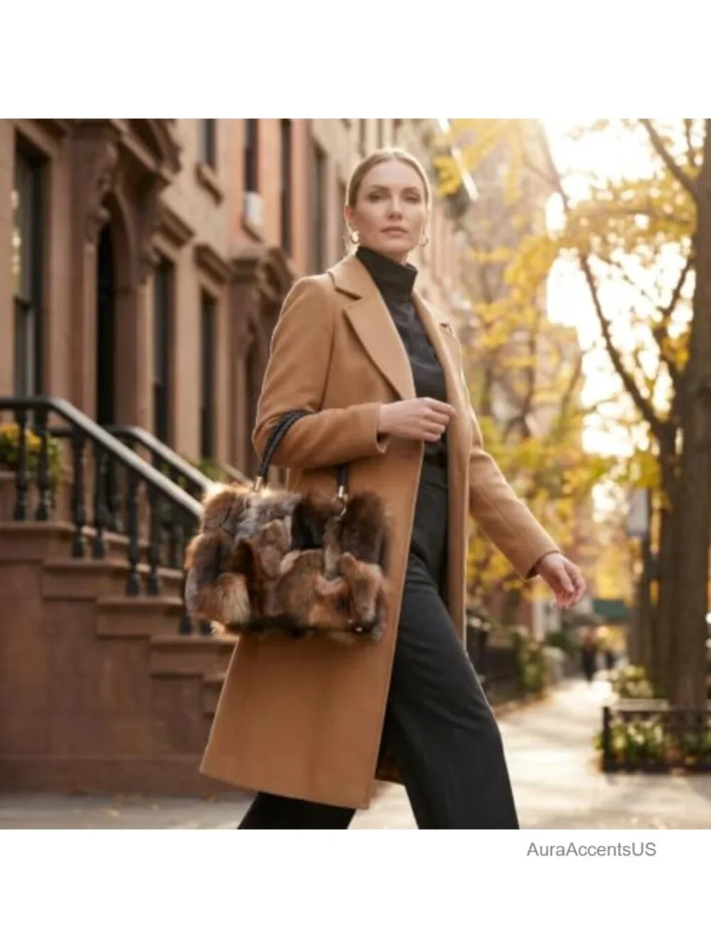Genuine Fox Fur Handbag with Leather Handle Medium Satchel Bag